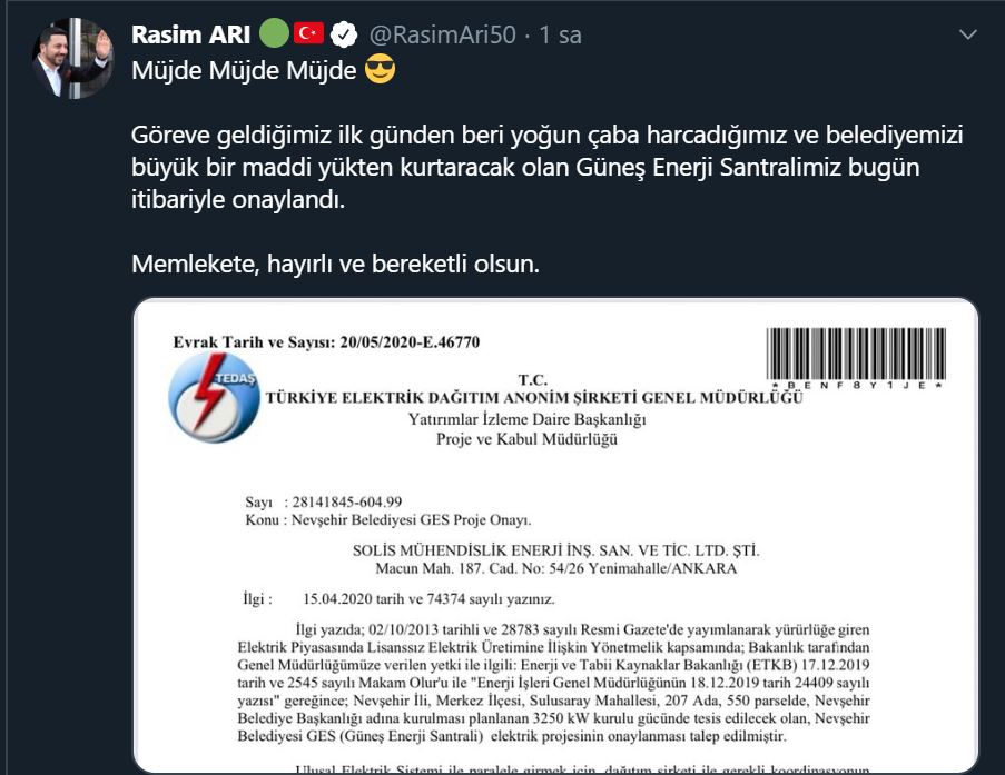 BAŞKAN ARI NEVŞEHİR’E MÜJDEYİ SOSYAL MEDYA HESABINDAN VERDİ