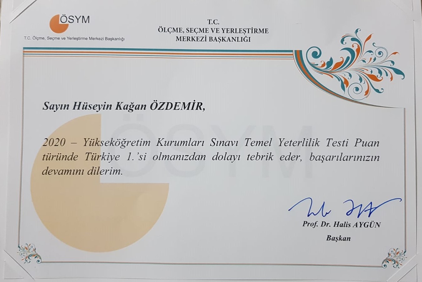 ÖSYM Başkanı Prof. Dr. Halis Aygün’den Hüseyin Kağan Özdemir’e Tebrik!