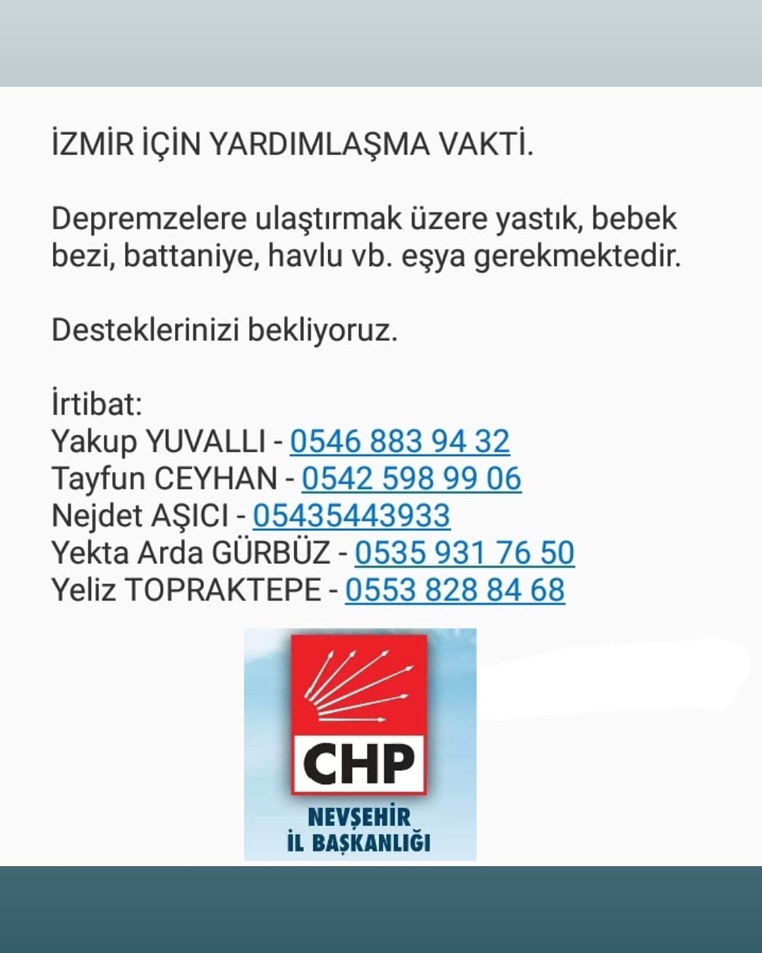 CHP’den depremzedelere yardım kampanyası