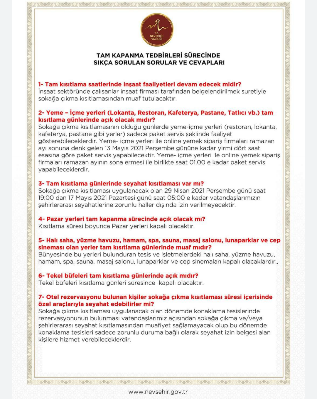 TAM KAPANMA TEDBİRLERİ SÜRECİNDE SIKÇA SORULAN SORULAR VE CEVAPLARI