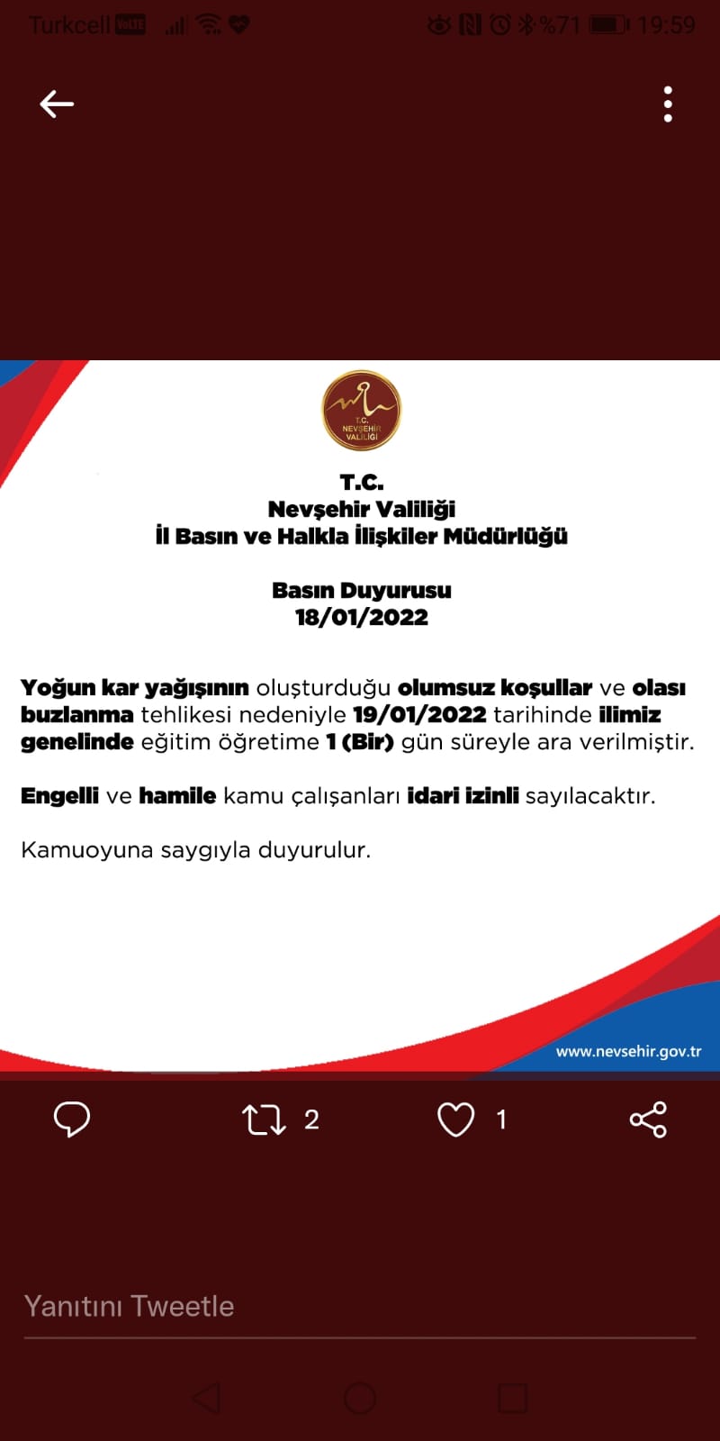 Nevşehir Valiliği Okullar Tatil Edildi