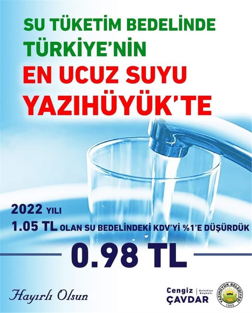 Türkiye’nin en ucuz içme suyu Yazıhüyük’te