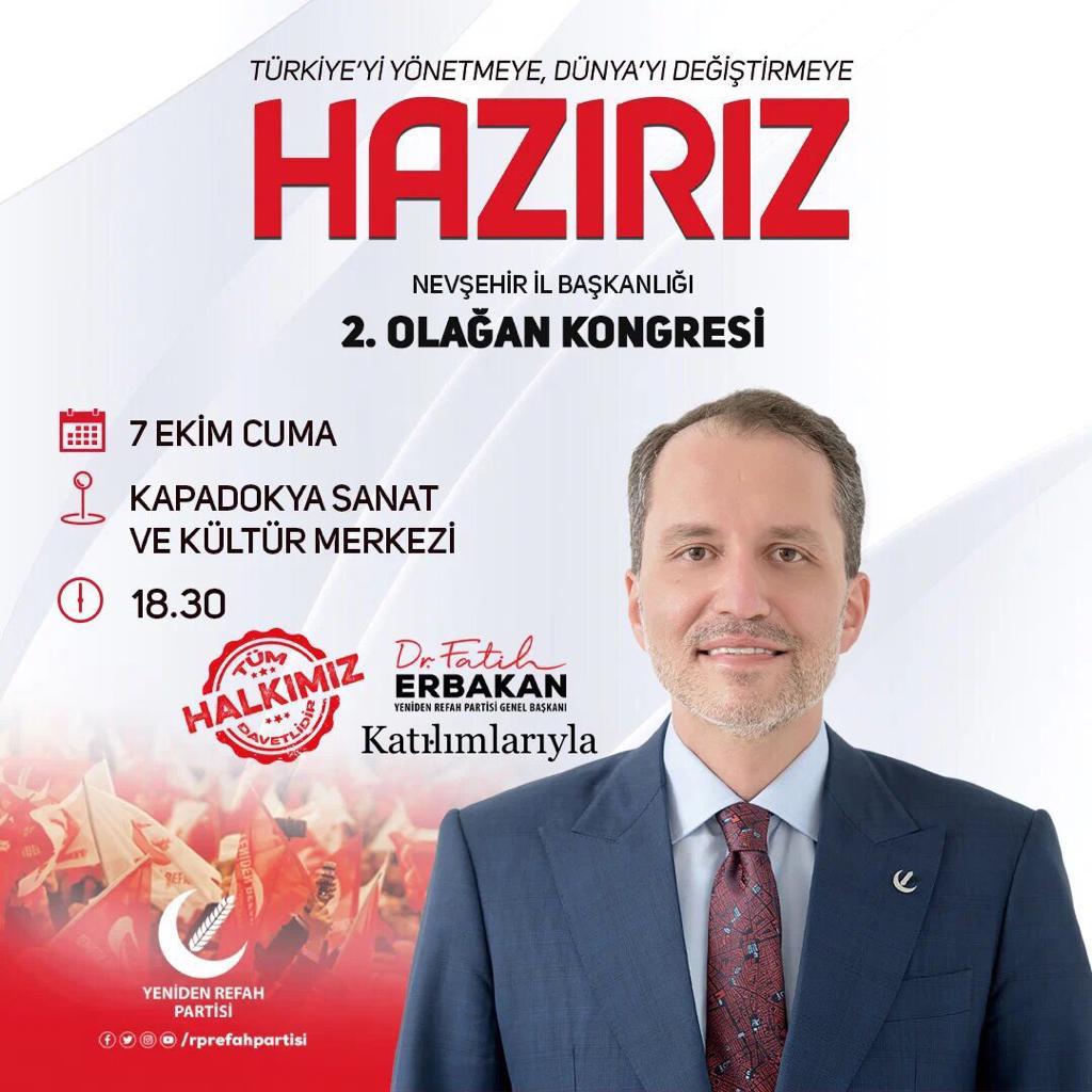 YRP Genel Başkanı Erbakan Nevşehir’e geliyor