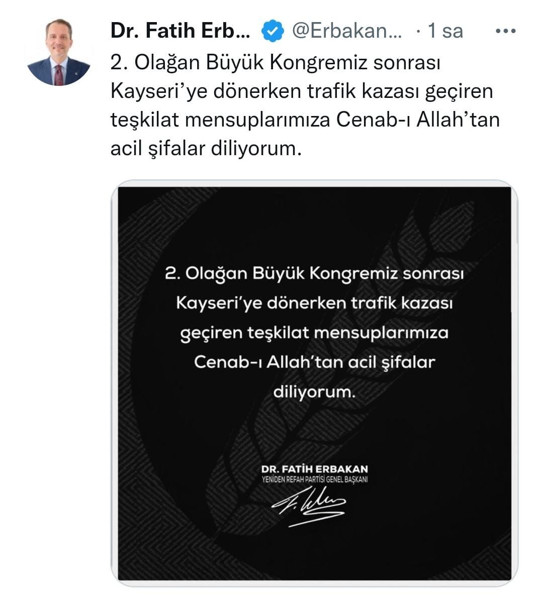 Fatih Erbakan’dan ’Geçmiş Olsun’ mesajı