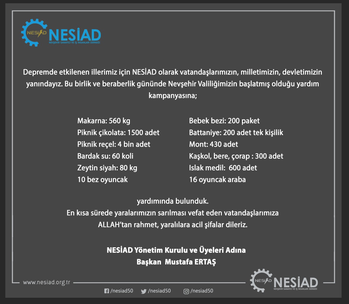 NESİAD’dan Deprem Bölgesine Destek