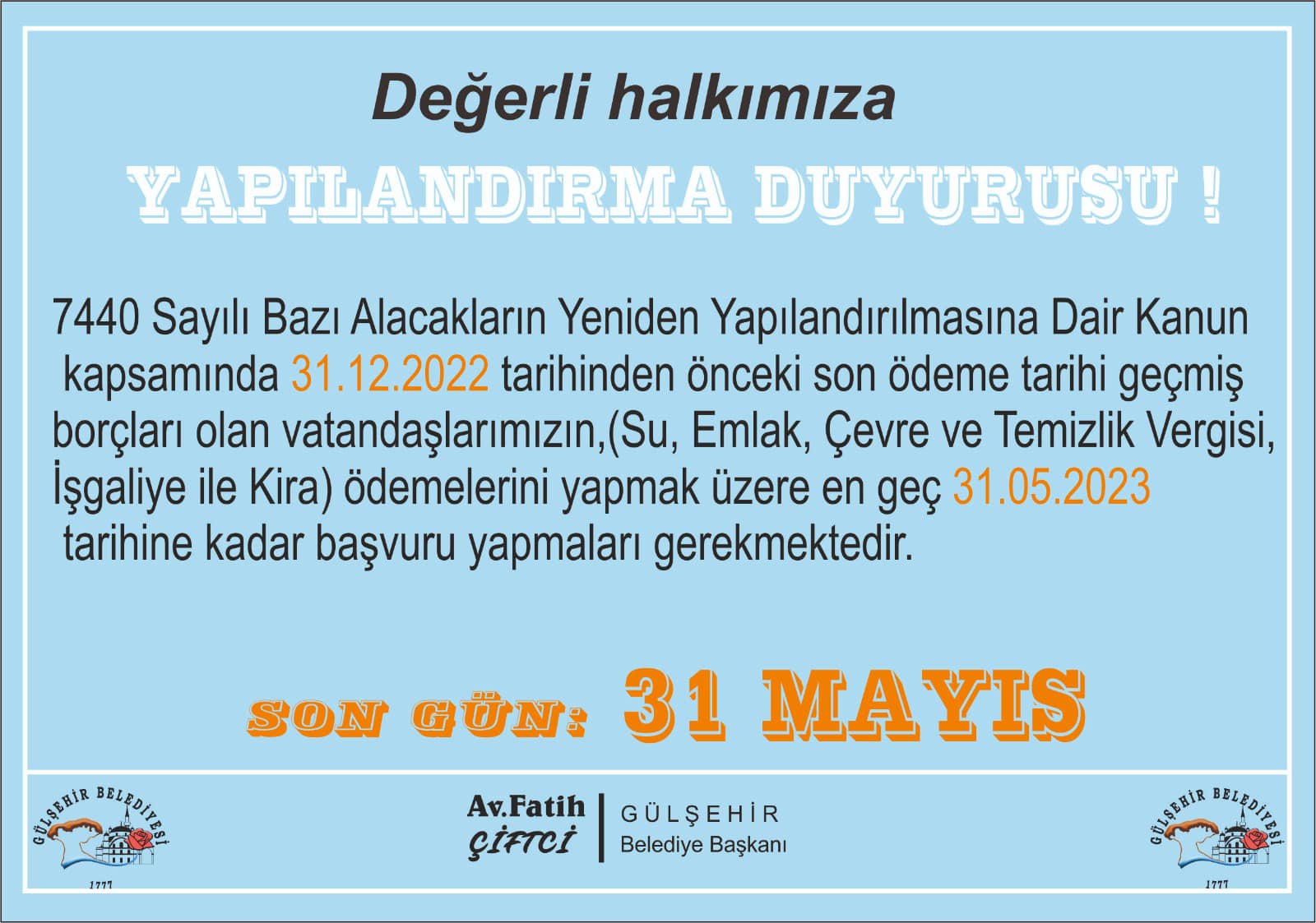 Gülşehir belediyesinden yapılandırma bilgilendirmesi