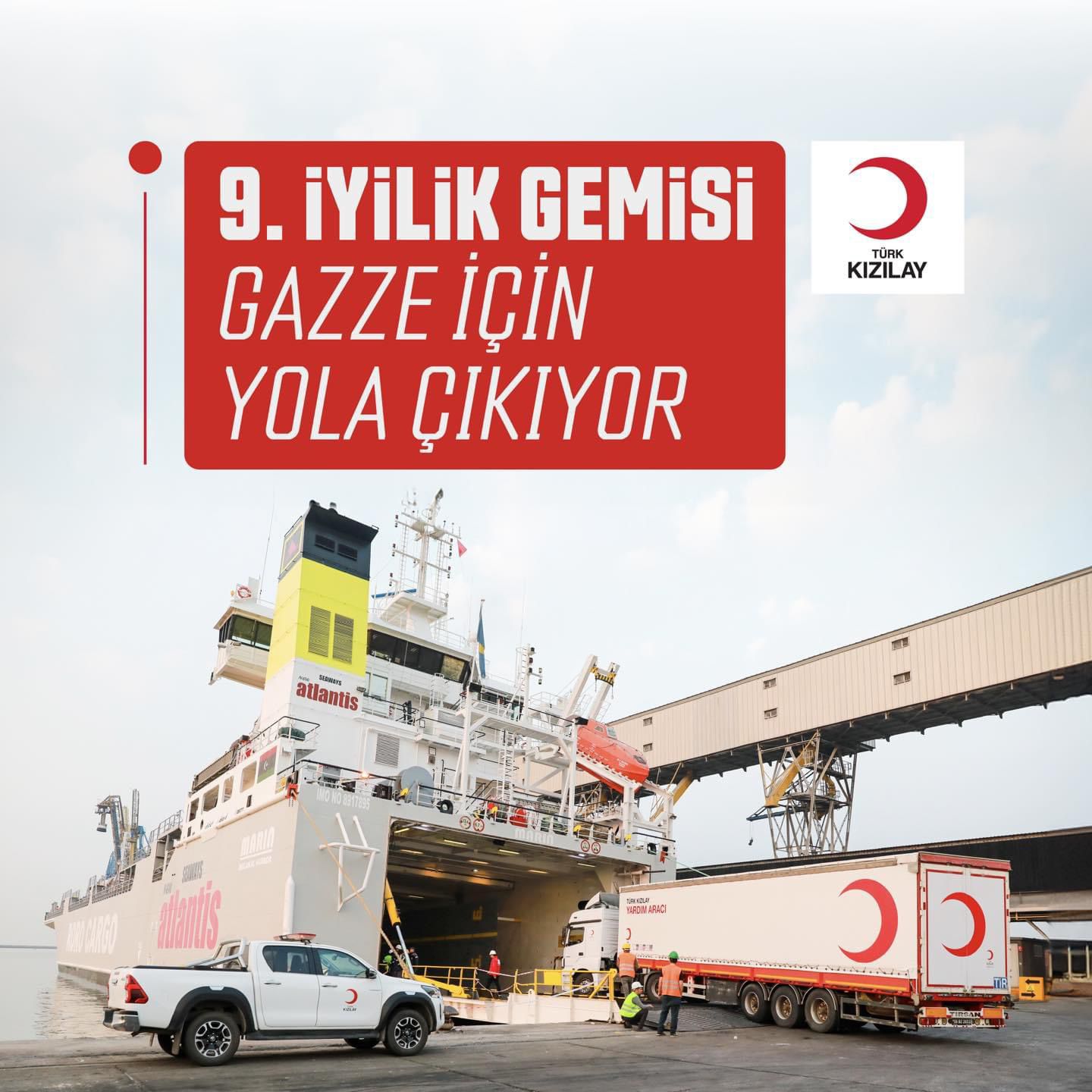 Türk Kızılay’ımız milletimizin emaneti olan 3.770 ton insani yardım malzemelerini dokuzuncu iyilik gemisiyle Gazze’ye gönderdi.