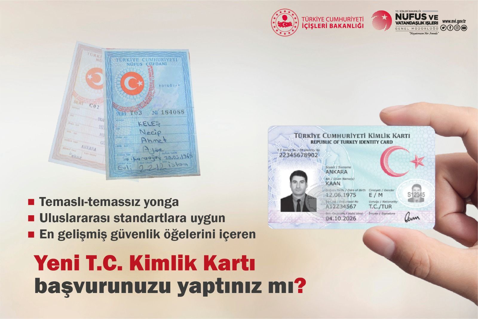 Nüfus cüzdanlarını Türkiye Cumhuriyeti kimlik kartı ile değiştirmemiş vatandaşlarımızın 2024 yılı sonuna kadar yeni kimlik kartı ile değiştirmeleri büyük önem taşımaktadır.