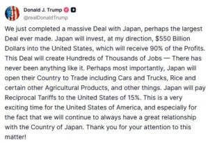 Trump, Japonya ile ticaret anlaşmasına varıldığını açıkladı: “Japonya, ABD’ye yüzde 15’lik karşılıklı gümrük tarifesi ödeyecek”