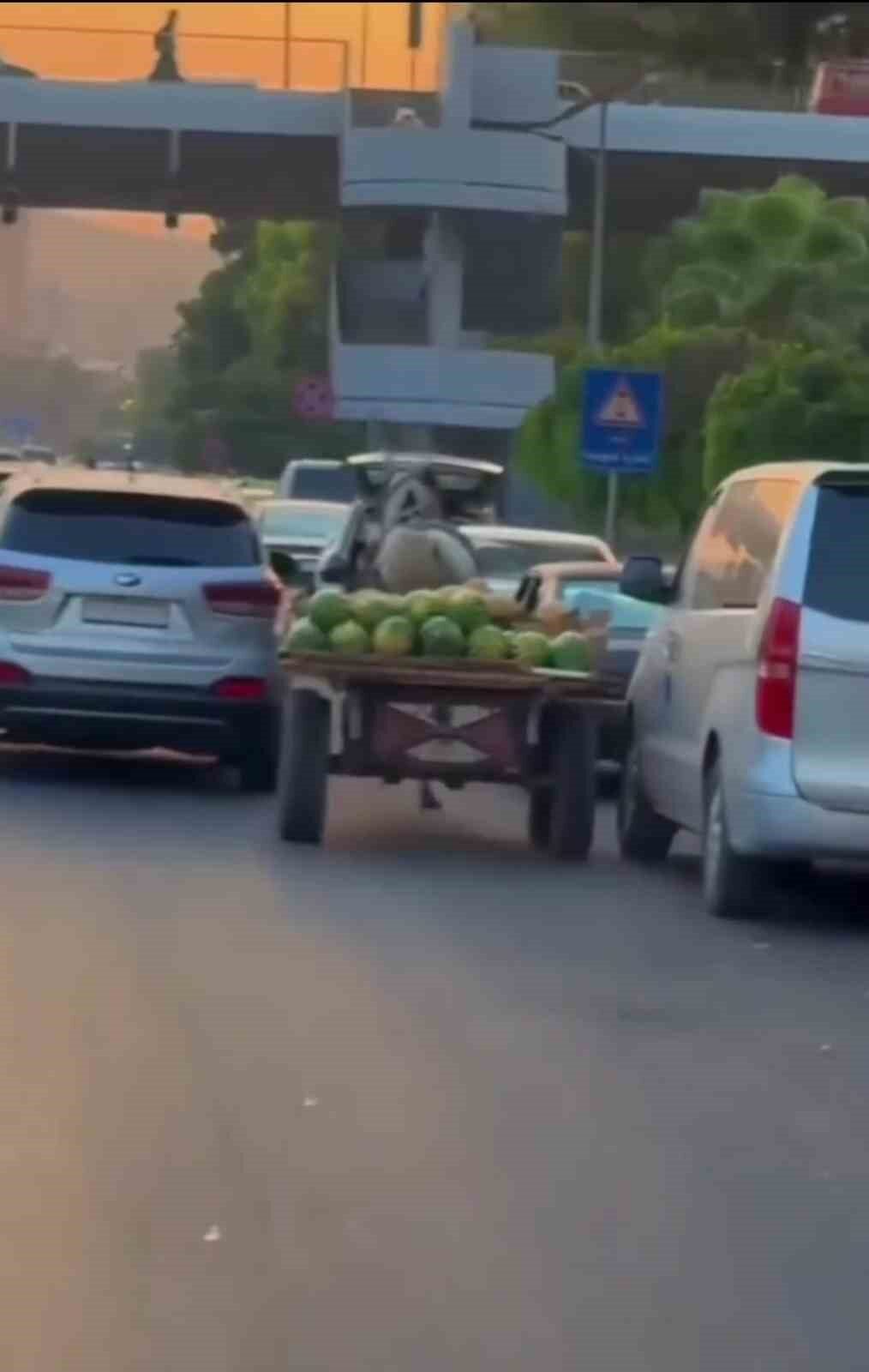 Şam’da karpuz yüklü at arabası trafiği birbirine kattı