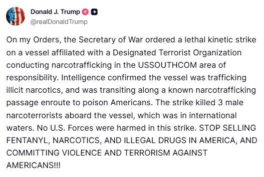 ABD Başkanı Trump: “Uyuşturucu taşıyan bir tekneye saldırı düzenleyerek 3 narko-teröristi öldürdük”