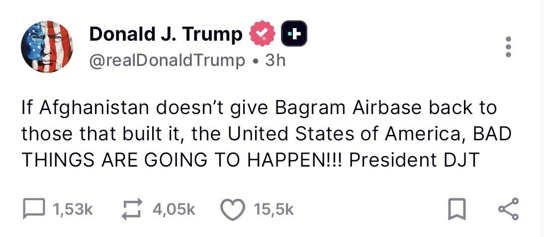 ABD Başkanı Trump’tan Afganistan’a tehdit: “Bagram Hava Üssü’nü bize geri vermezlerse kötü şeyler olacak”