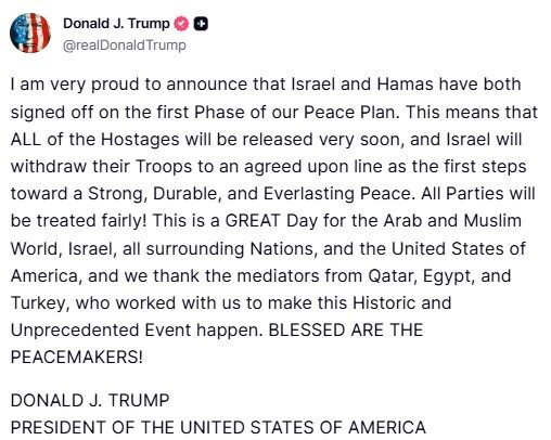ABD Başkanı Trump: “İsrail ve Hamas Barış Planımızın ilk aşamasını onayladı”
