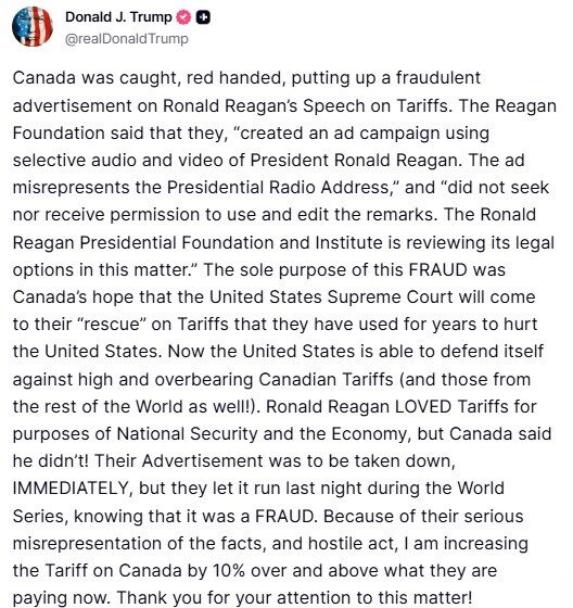ABD Başkanı Trump’tan Kanada’ya aldatıcı reklam misillemesi: “Kanada’ya uygulanan gümrük vergisi oranını yüzde 10 oranında artırıyorum”