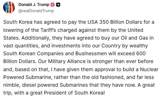 Trump: “Güney Kore ABD’ye toplam 950 milyar dolarlık yatırım yapacak”