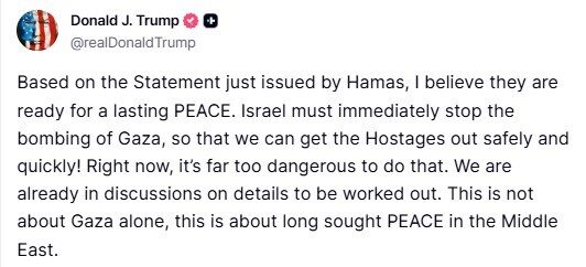 Trump, Hamas’ın ateşkes planını kısmen kabul etmesini değerlendirdi: “Açıklamalarına bakılırsa, kalıcı bir barışa hazır olduklarına inanıyorum”