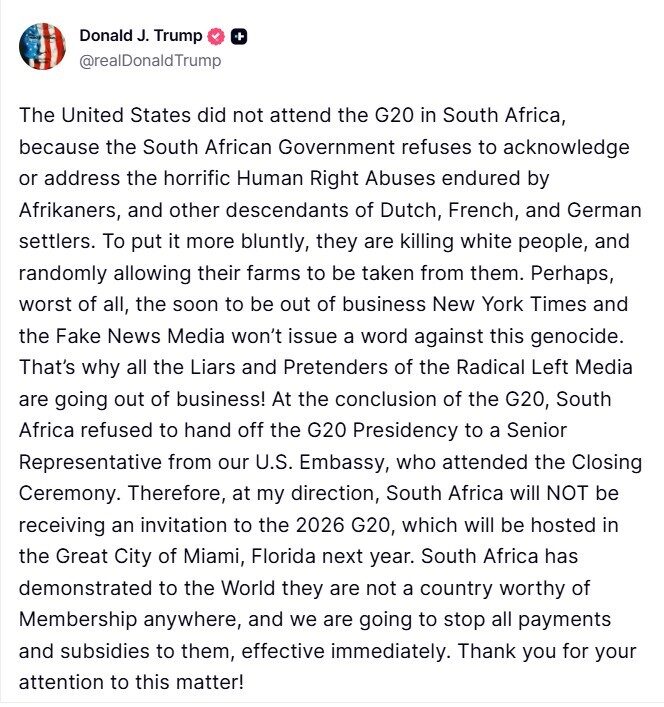 ABD Başkanı Donald Trump: “Güney Afrika Miami’de yapılacak 2026 G20 Zirvesi’ne davet edilmeyecek”