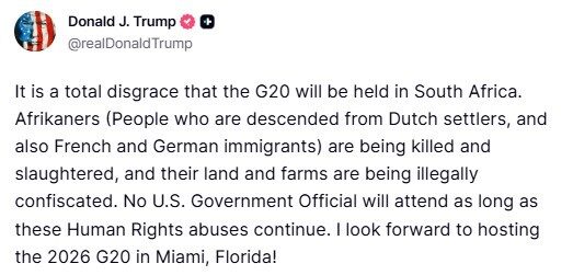 ABD Başkanı Trump’tan G20 Zirvesi tepkisi: “Güney Afrika’da yapılacak olması tam bir rezalet”