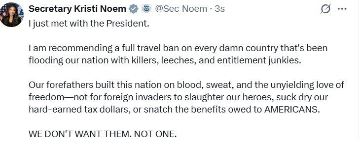 ABD İç Güvenlik Bakanı Kristi Noem’den ABD’ye seyahat yasağı önerisi
