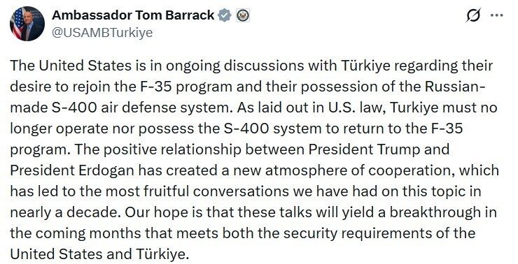 ABD’nin Ankara Büyükelçisi Barrack’tan ’F-35’ yorumu