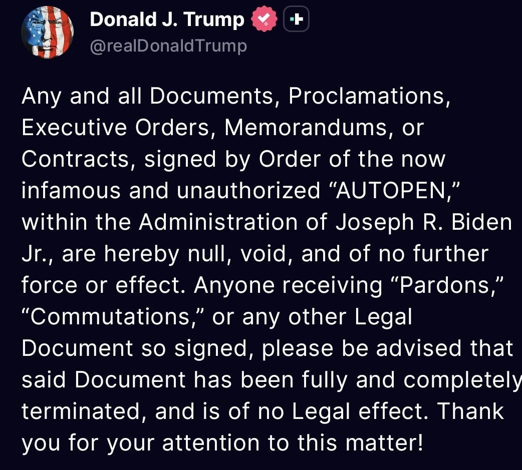 Trump, Biden döneminde “Autopen” ile imzalanan belgelerin geçerliliğini yitirdiğini açıkladı: “Bu şekilde af veya ceza indirimi alanlar yasal etkisinin olmadığını unutmamalı”