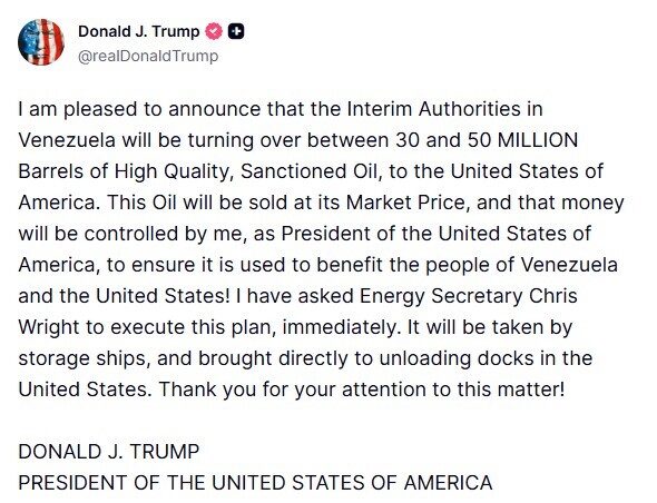 ABD Başkanı Trump: “Venezuela, 30 ila 50 milyon varil arasında petrolü ABD’ye devredecek”