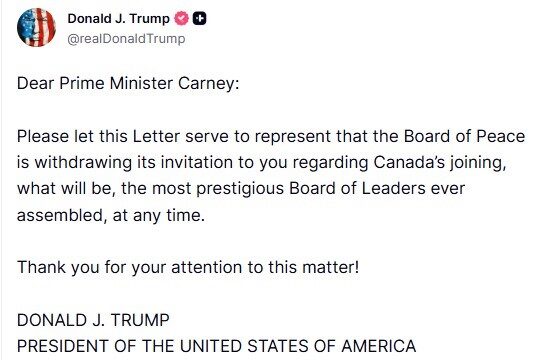 Trump, Kanada Başbakanı Carney’e yaptığı Gazze Barış Kurulu’na katılım davetini geri çekti