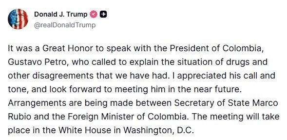 Trump, Kolombiya Devlet Başkanı Petro ile telefonda konuştuğunu duyurdu: “Beni aramasını ve üslubunu takdir ettim”