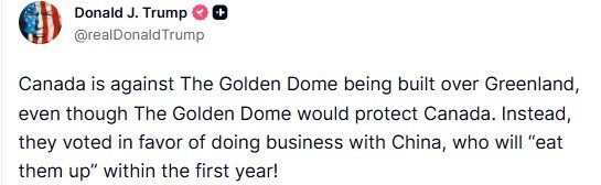 Trump’tan Kanada’ya Grönland tepkisi: “Altın Kubbe’ye karşı çıkarken, Çin ile iş yapmayı tercih ettiler”