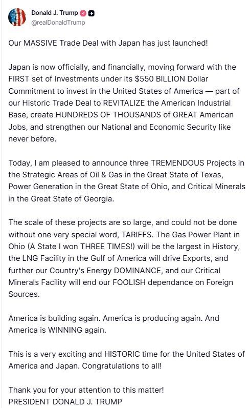 Trump, Japonya’nın 550 milyar dolarlık yatırım taahhüdü kapsamındaki ilk projeleri duyurdu