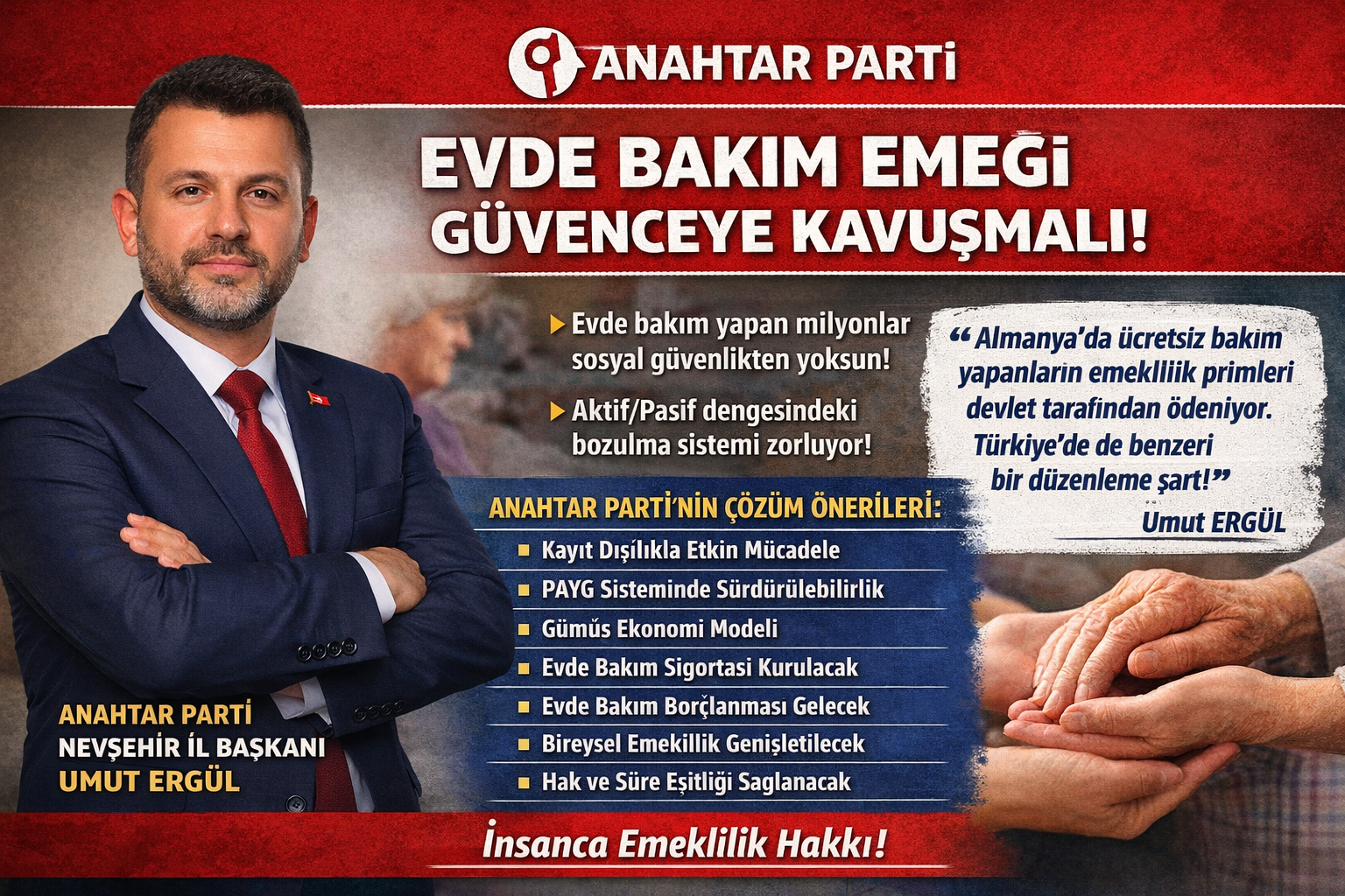 “ANAHTAR PARTİ İL BAŞKANI: SOSYAL GÜVENLİK SİSTEMİ ALARM VERİYOR: EVDE BAKIM EMEĞİ SİSTEM DIŞINDA”
