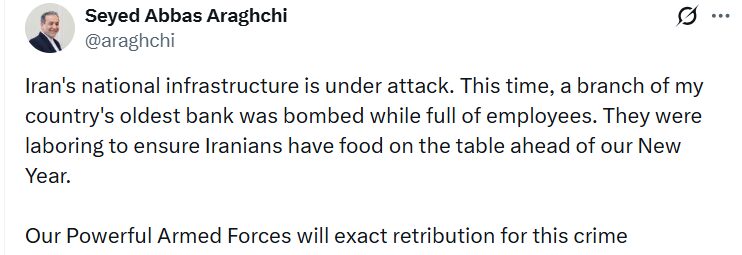 İran Dışişleri Bakanı Arakçi: “Çalışanlarla dolu bir banka bombalandı”