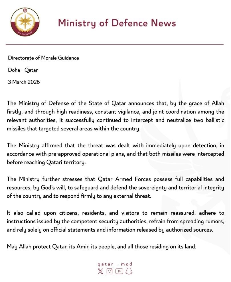 Katar Savunma Bakanlığı: “2 balistik füze daha engellendi”