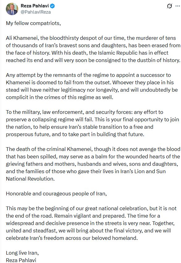 Sürgündeki Rıza Pehlevi: “Hamaney’in ölümüyle, İran rejimi fiilen sona erdi”