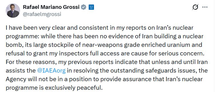 UAEA Başkanı Grossi, İran’ın nükleer bomba ürettiğine dair bir kanıtın bulunmadığını yineledi