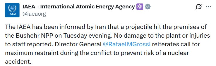 UAEA: “İran, Buşehr Nükleer Santrali yerleşkesine füze isabet ettiğini bildirdi”