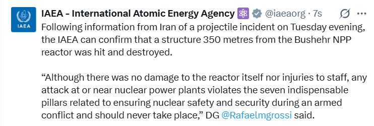 UAEA, İran’daki Buşehr Nükleer Santrali reaktörünün yakınına füze isabet ettiğini doğruladı