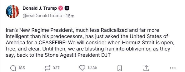 Trump: “İran’da yeni rejimin lideri, ABD’den ateşkes talep etti”