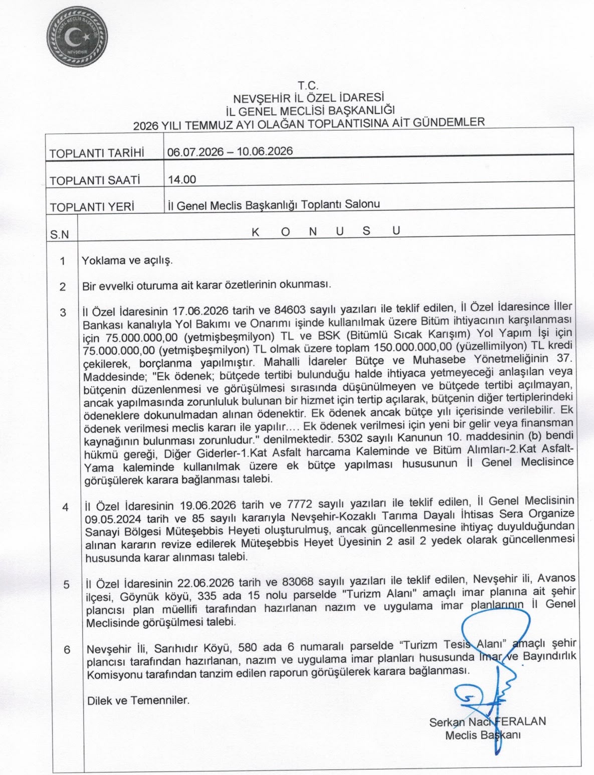 İl Genel Meclisi Temmuz Ayı Toplantısı Duyurusu