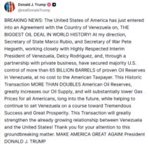 ABD Başkanı Trump: “Venezuela ile dünya tarihinin en büyük petrol anlaşmasına vardık”