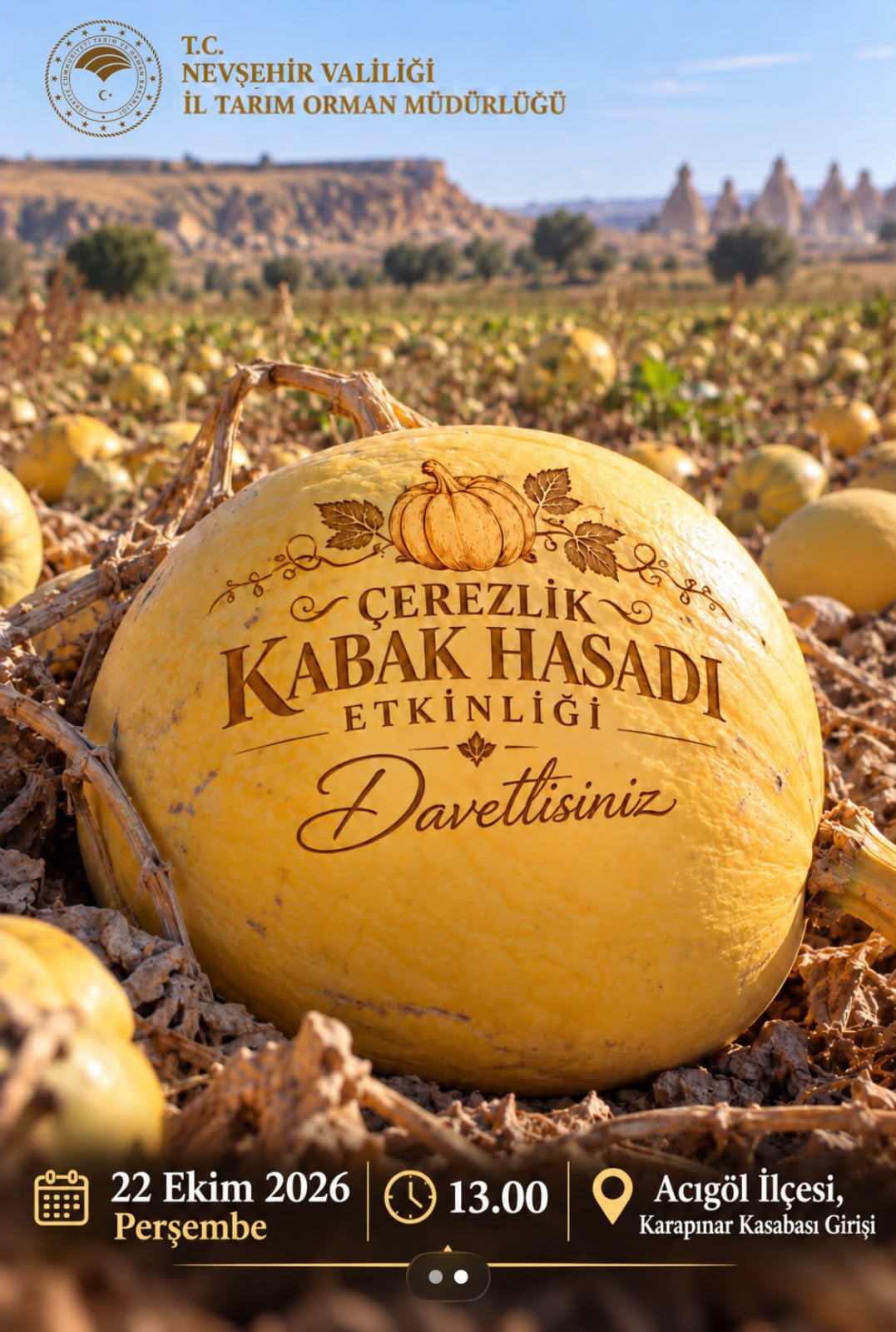ÇEREZLİK KABAK HASADI PROGRAMI 22 EKİM 2026’DA KARAPINAR’DA